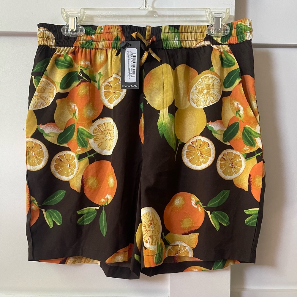 Boohoo Black and Orange shorts with Citrus Print